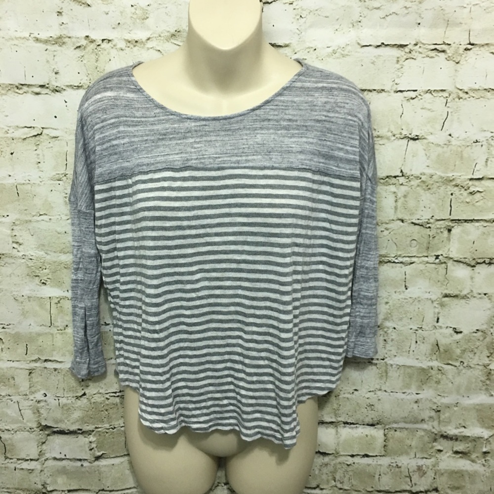 🌻 LOFT Gray Striped 3/4 Sleeve Knit Top A48